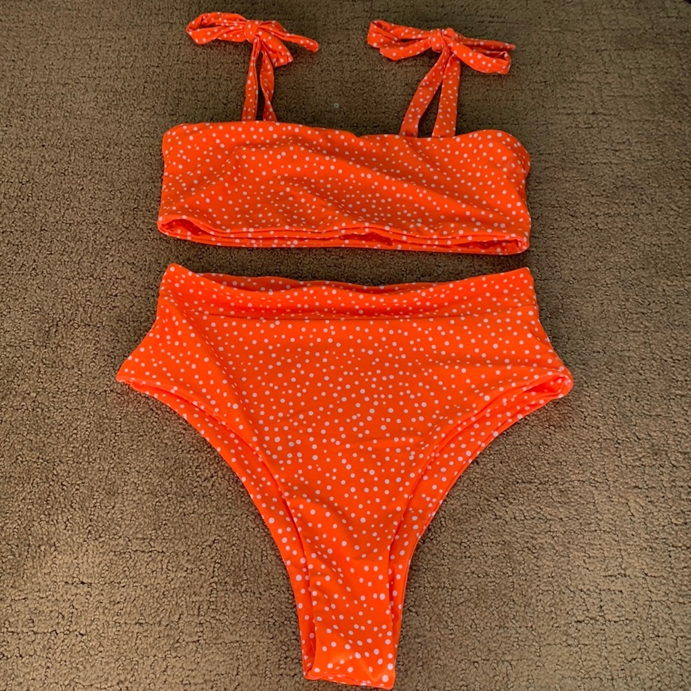 Orange polka dot bikini, tie-able straps